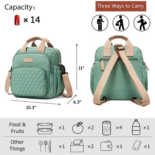 Scorlia Insulated Lunch Bag Thermal Rucksack, 3 in 1 Convertible Lunch Tote with Side pockets for Women, Tall lunch Cooler Box with Drinks Holder for Office, Beach, Green