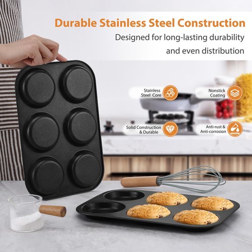 E-far Muffin Top Pan Set of 2, Nonstick 6-Cavity Shallow Cupcake Pan for Baking Whoopie Pie, Yorkshire Pudding, Eggs, Cornbread, Drop Cookies, Easy Release & Clean, 3-Inch Standard Size