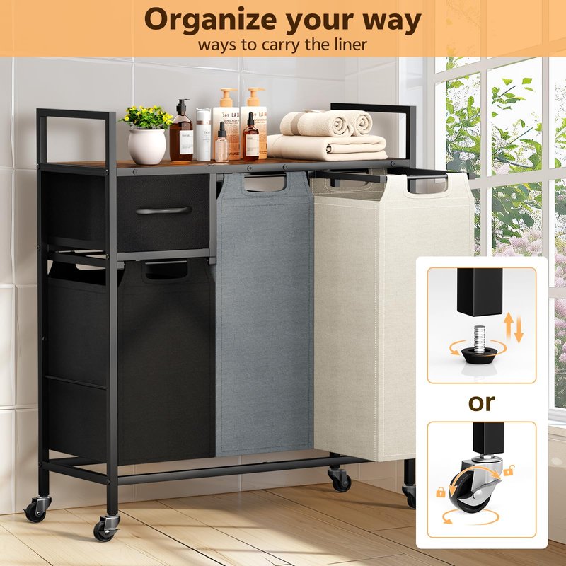 Laundry Hamper - Laundry sorter 3 Section 145L - Laundry Room Organization with 4 Pull-Out Drawers, Removable Oxford Bags, Lockable Wheels & Sturdy Shelf for Laundry Room, Bathroom, Bedroom