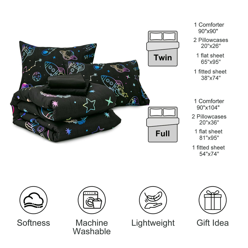 Aimuan Space Comforter Twin Set Kids Rocket Bedding Set Super Soft & Cute Aliens UFO Printed for Boys Girls Teen (Black, Full 5Pcs)