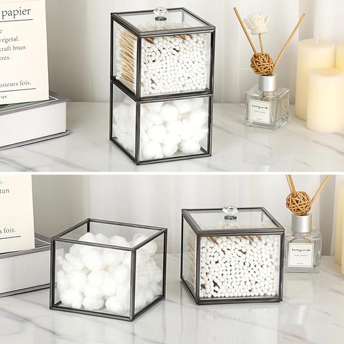 Hipiwe Glass Qtip Holder - 2-Tier Stackable Apothecary Jar with Lid | Clear Bathroom Organizer for Cotton Swabs & Balls