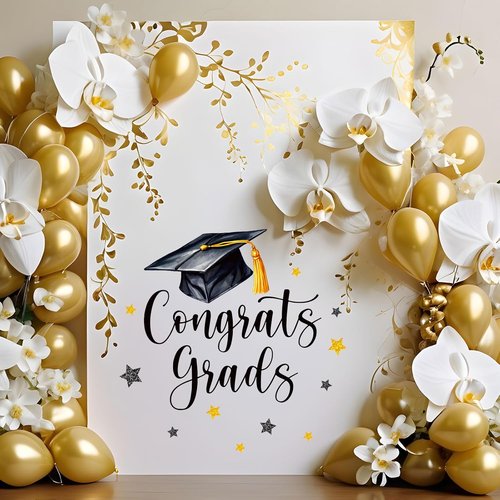 FYSUIMU Graduation Cap Decal - Black & Gold Welcome Sign for Party Backdrop & Balloon Arch Decor