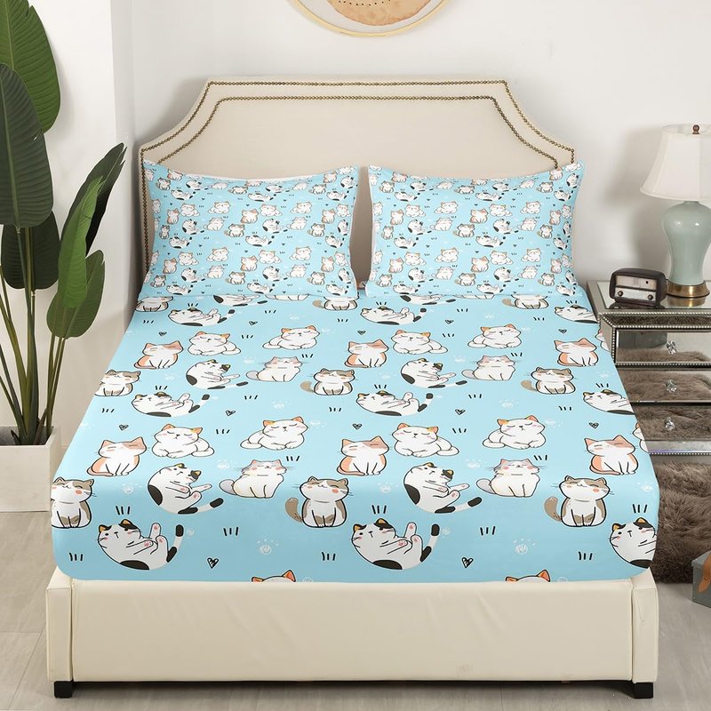 Erosebridal Cat Sheet Sets King, Kawaii Garfield Persian Cat Flat Sheet for Kids Boys Girls, Paw Print Love Heart Bed Sheets, Cartoon Animals Soft Fitted Sheet 4 Pieces, Blue