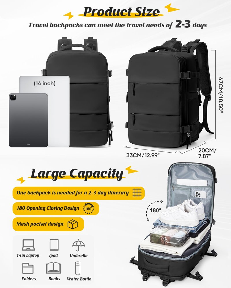 SEAFEW Vacuum Travel Backpack with Electric Pump, Waterproof Personal Item Bag, Women & Men's Anti-Theft Laptop Daypack for Work Trip Gym with Wet Bag & Shoe Compartment, Black