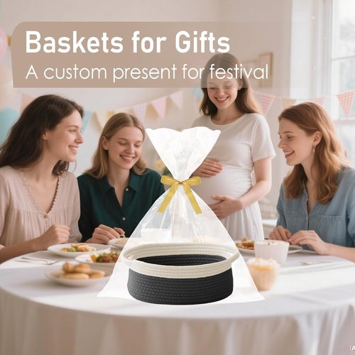 JMvicyroam Woven Basket - Small Rope Storage Bin with Handles | Stylish Organizer for Shelves & Closets - White & Black (2 Pack)