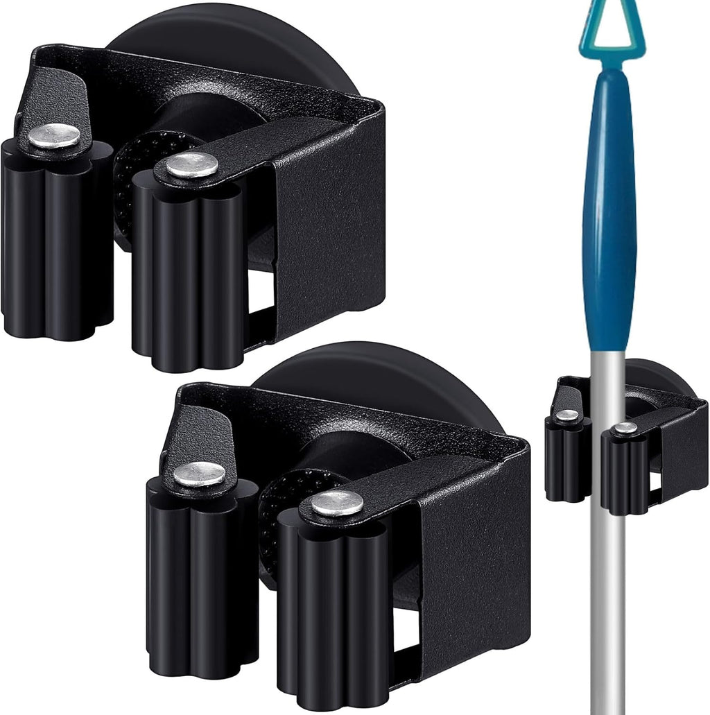Vercraft Magnetic Mop Broom Holder - Movable Anti-Slip Wall Mount for Cleaning Tools | Black, 2 Pcs