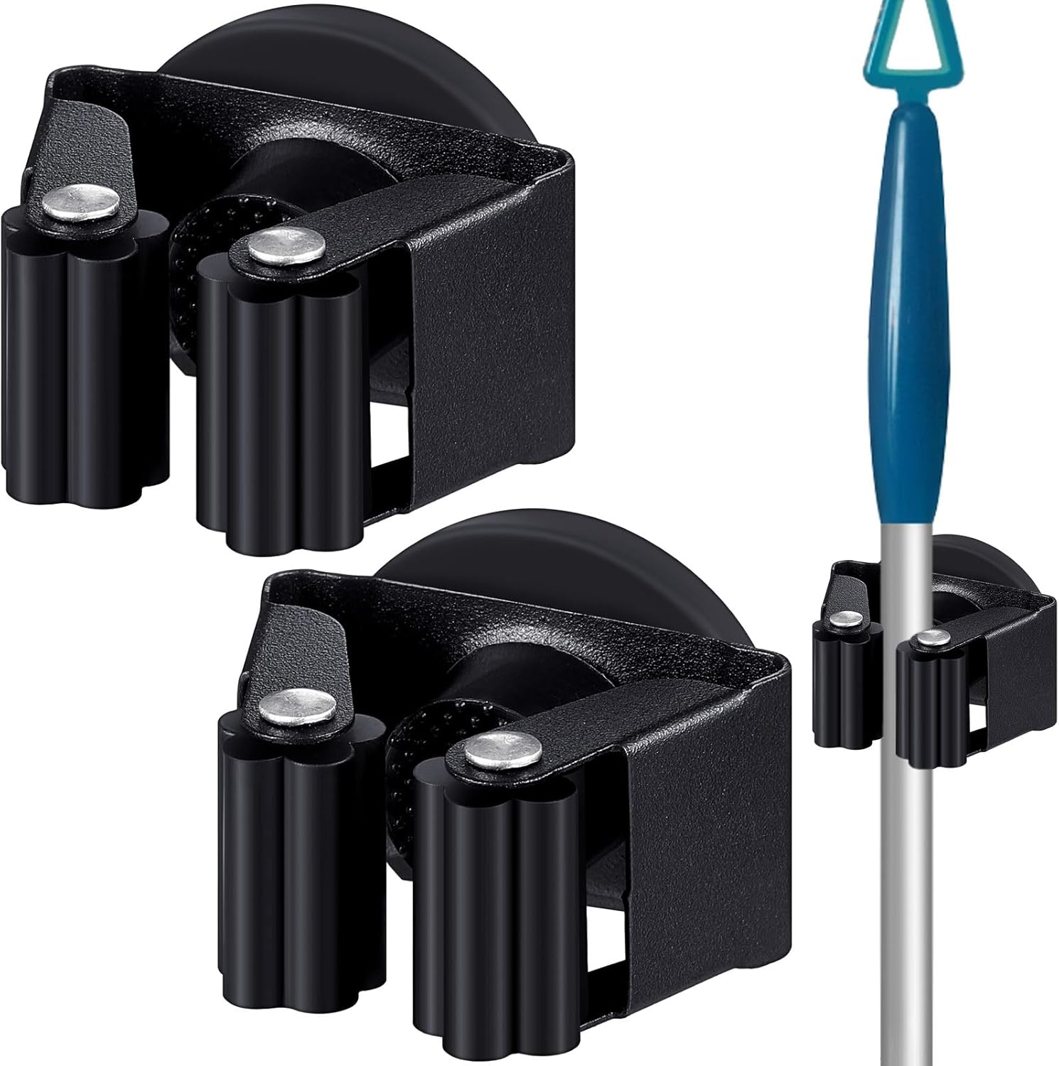 Vercraft Magnetic Mop Broom Holder - Movable Anti-Slip Wall Mount for Cleaning Tools | Black, 2 Pcs