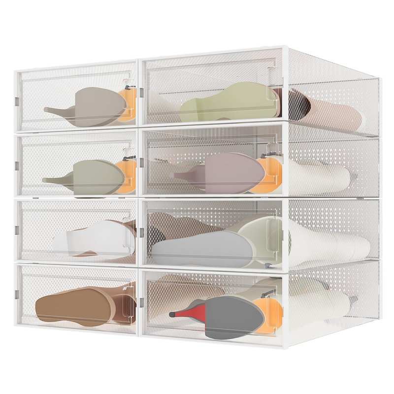 WAYTRIM Modern Clear White Foldable Boots Storage Box, 8 Pack Plastic Shoe Container, 20.5" x 11.8" x 5.5" - Large Capacity, Anti-Dumping, Transparent, Stackable, Ventilated