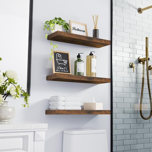 BAYKA Floating Shelves - Rustic Wood Bathroom Wall Shelf for Farmhouse Decor | Set of 3, Rustic Brown