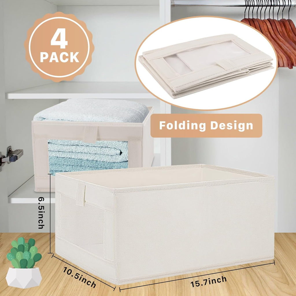 Skiennix 4 Pack Closet Organizer Bins - Foldable Linen Storage Baskets with Window | Beige