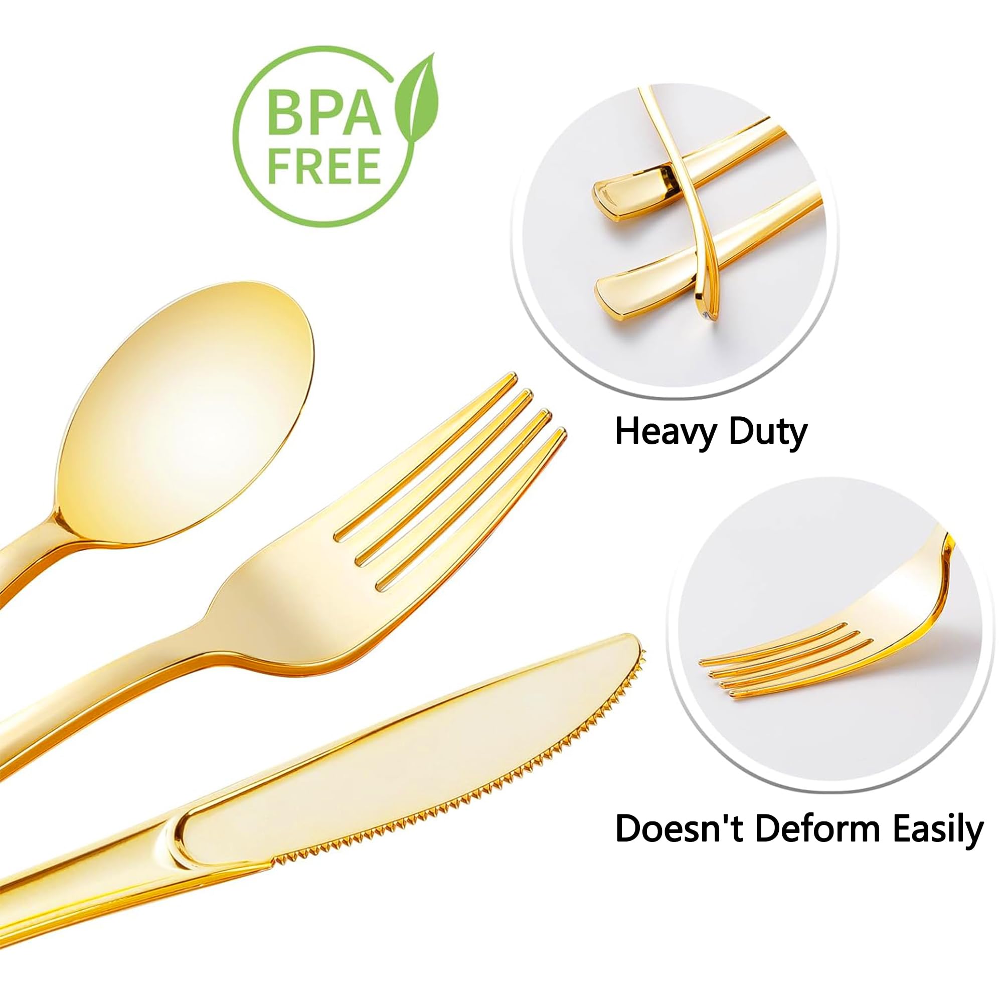 Dlebay 100 Pack Pre Rolled Gold Plastic Silverware Set,Wrapped Plastic Cutlery Set with Napkin Include 100 Forks,100 Spoons,100 Knives and 100 Black Napkins for Party, Wedding,Christmas