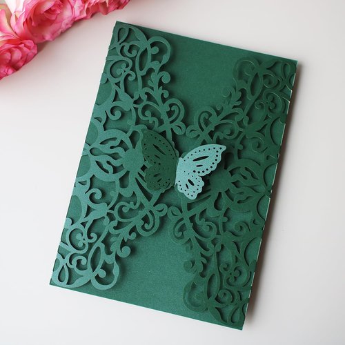KUCHYNEE 50PCS Emerald Green Laser Cut Quinceanera Invitations kit, 5.1 x7.3 Inch Hollow Floral Butterfly Pocket Invitation for Quincenera Wedding Invite (Blank)
