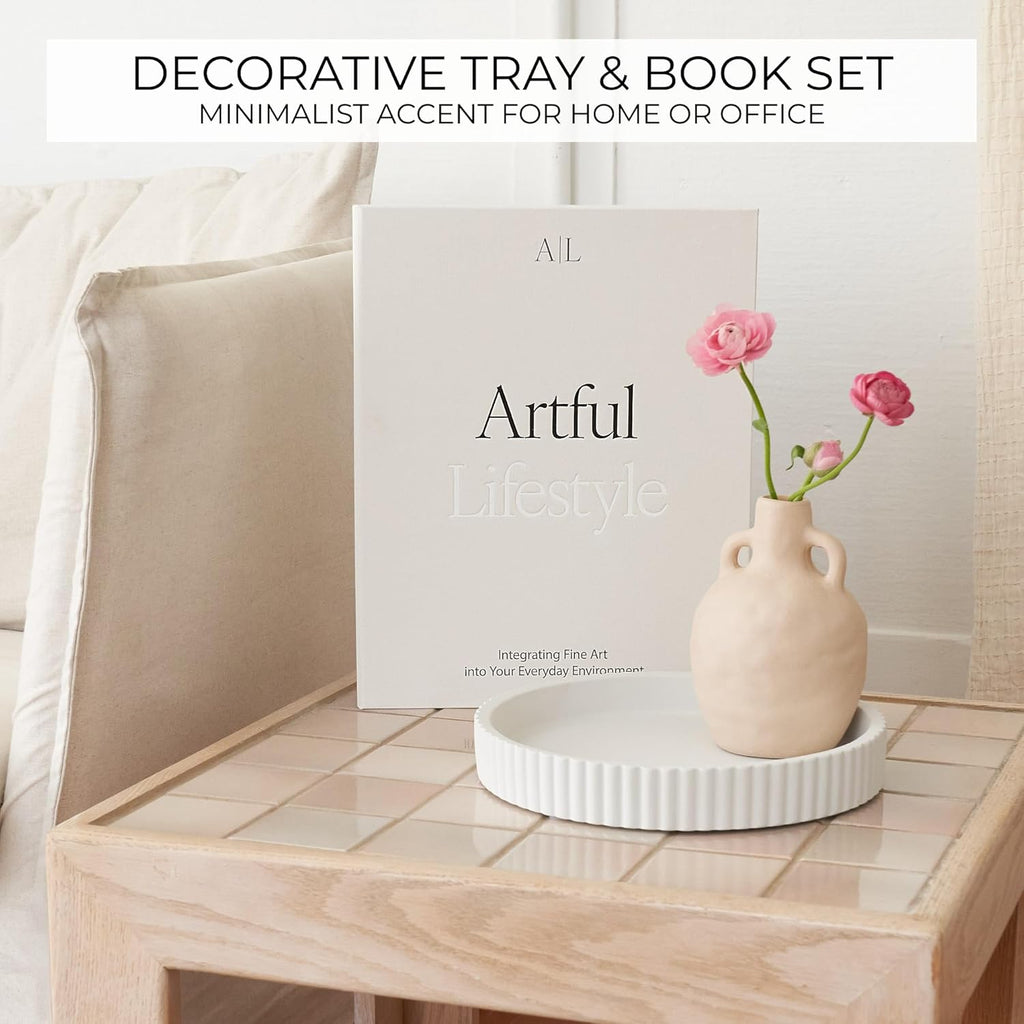 Skiennix Decorative Concrete Tray Set | Scalloped Design & Linen Box for Stylish Home Decor - Perfect for Living Room or Housewarming Gift