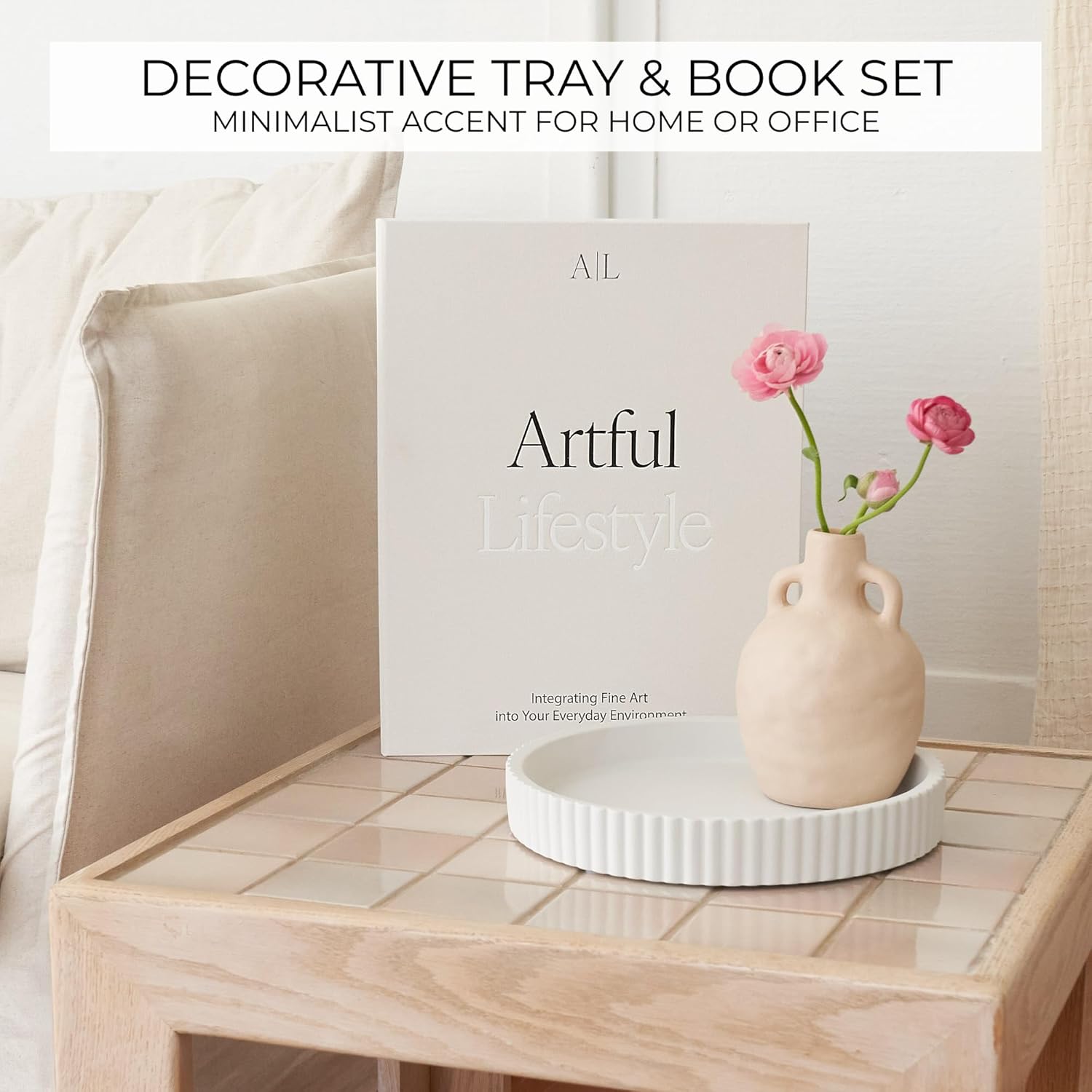 Skiennix Decorative Concrete Tray Set | Scalloped Design & Linen Box for Stylish Home Decor - Perfect for Living Room or Housewarming Gift