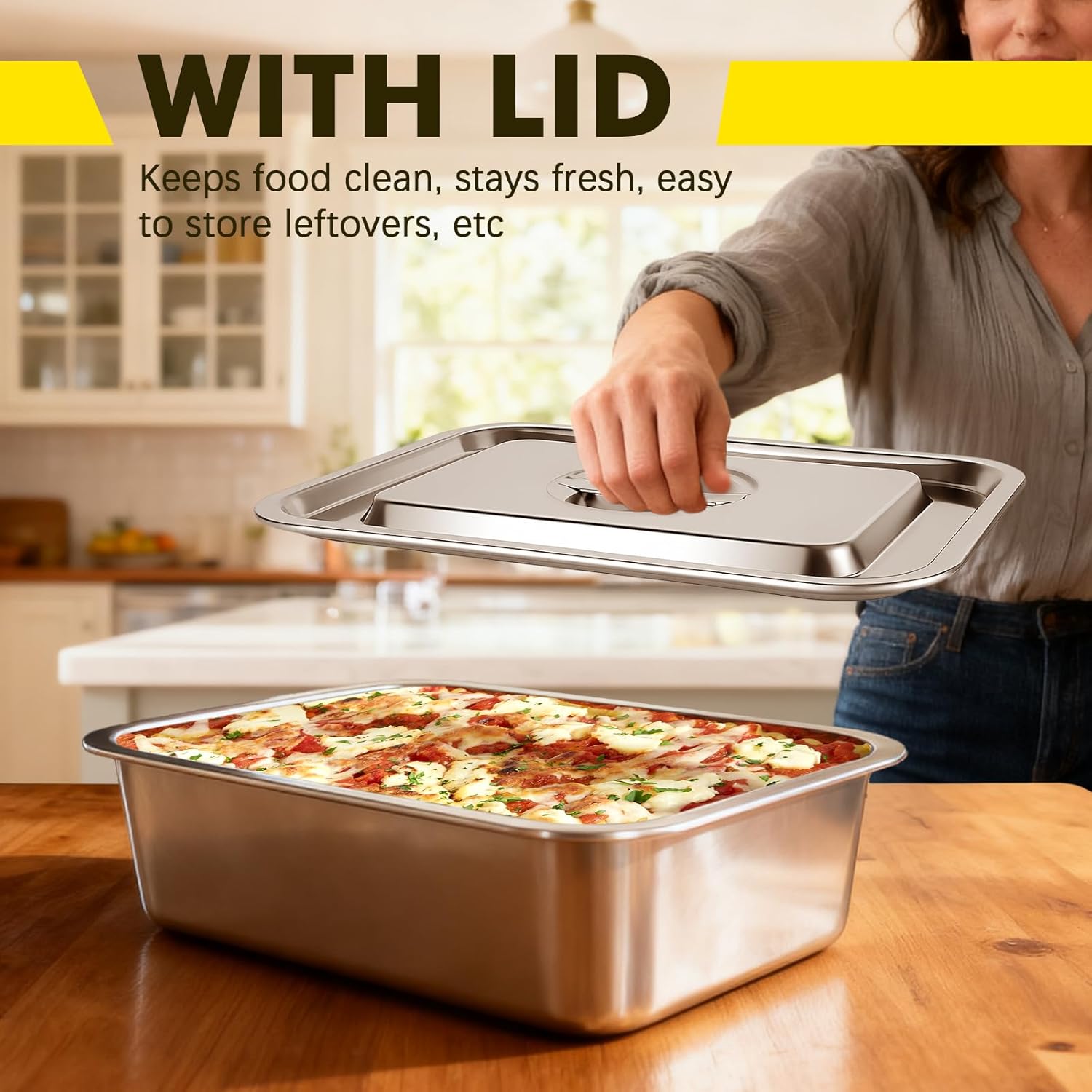 Stainless Steel 9x13 Baking Pan with Lid - 7.6Qt Extra Deep Lasagna Dish | Oven Safe Casserole
