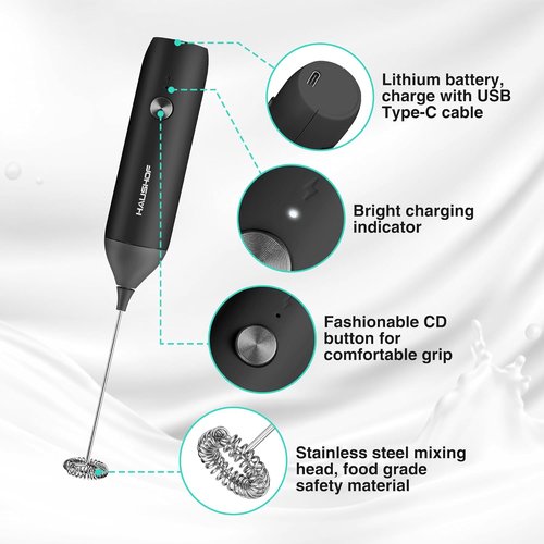 HAUSHOF Rechargeable Milk Frother Wand - Handheld Electric Foam Maker for Coffee, Latte & Cappuccino - Black
