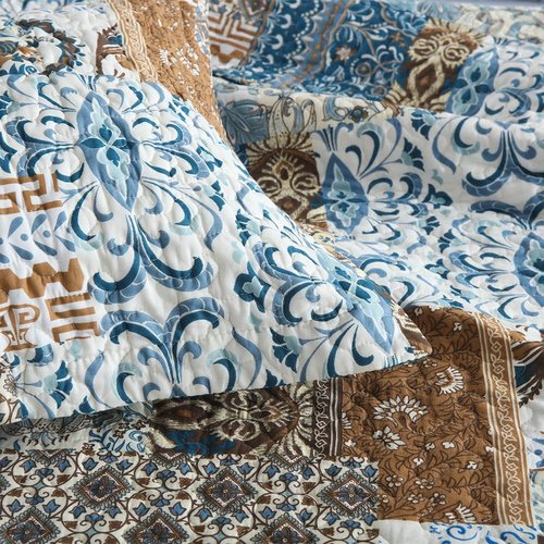 ENASAL Cotton Bedspread Quilt Bedding Sets Reversible Coverlet Comforters Blue Bohemian Rustic Floral Patchwork Pattern Bedspread for All Season,Queen Size