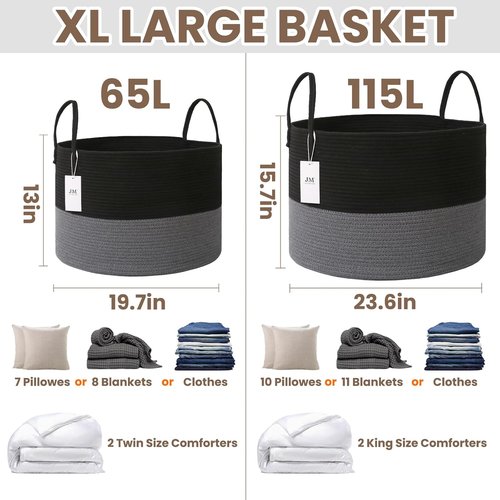 JMvicyroam 65L Extra Large Blanket Basket - Woven Cotton Rope Laundry Hamper with Handles | Machine Washable Black & Grey Storage Bin for Pillows, Comforters & Toys