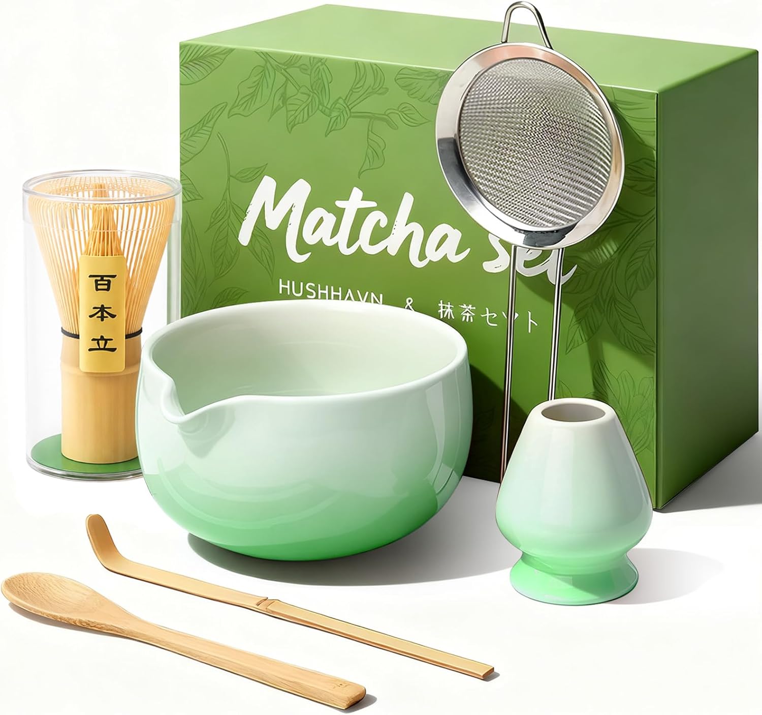Skiennix Matcha Whisk Set - Complete 6PCS Ceramic Kit with Bowl, Bamboo Whisk, Scoop & Sifter (Green)