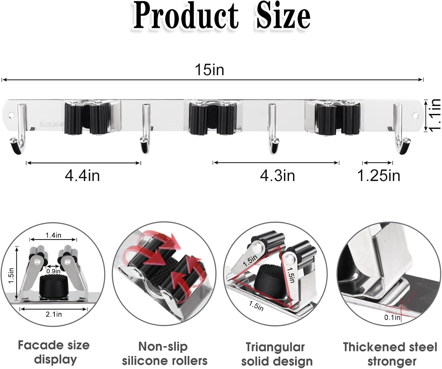 Skiennix Wall-Mounted Broom and Mop Holder - Heavy-Duty Stainless Steel Organizer with 5 Racks & 4 Hooks