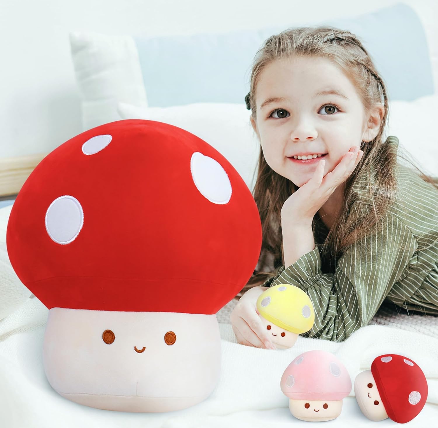 WeBingo Mushroom Plush Pillow Set - 12-Inch Jumbo Stuffed Animal Decor with 3 Baby Mushrooms | Perfect Gift for Kids & Adults