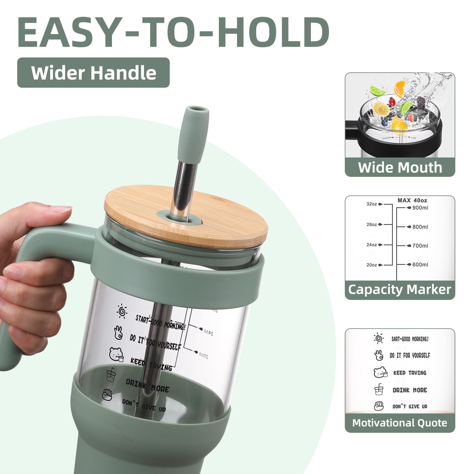 Chunmo 40 oz Glass Tumbler with 2 Lids - Bamboo Straw Lid & 2-in-1 Sip and Flip Straw Lid, Iced Coffee Cup with Handle, Glass Water Bottle with Silicone Sleeve, BPA Free - 1 Pack