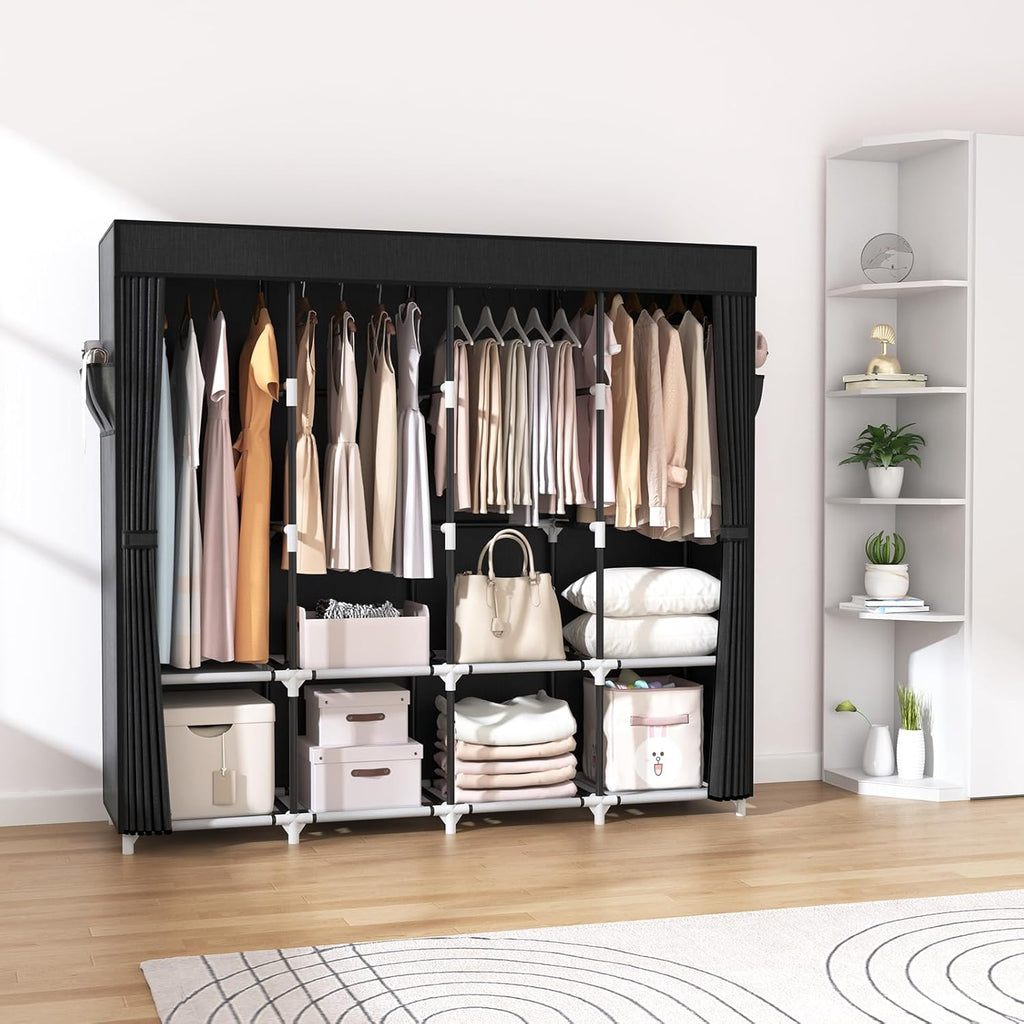 VTRIN Portable Closet - 67-Inch Wide Wardrobe with Cover, 4 Shelves & Hanging Rods - Sturdy Black Design