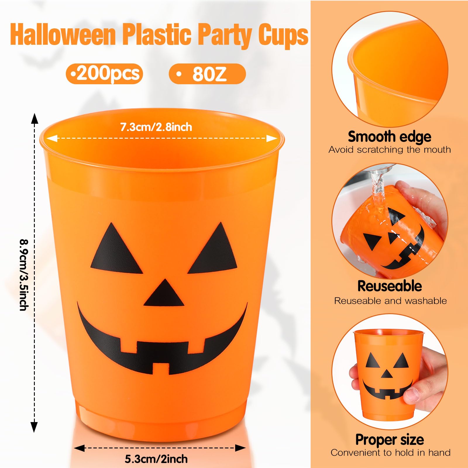Roshtia 200pcs Halloween Plastic Cups 8 oz Pumpkin Design Jack O Lantern Cups for Adults Halloween Party Reusable Supplies Tableware Tumbler