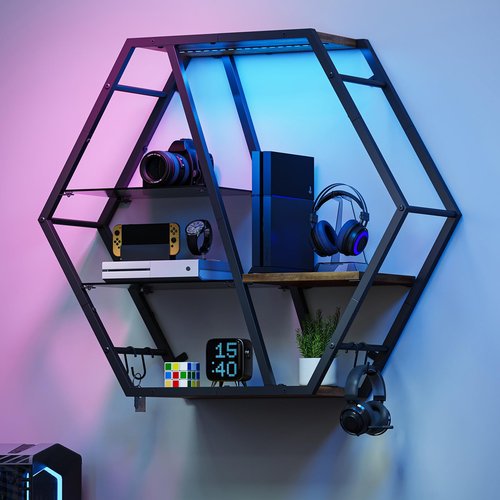 MAHANCRIS Gaming Floating Shelf with LED Lights, Gaming Wall-Mounted Shelves, Hexagonal LED Display Shelf for Wall, Glass Panel Bar Rack with 4 Hooks, Sturdy Rustic Brown FSHR130K01