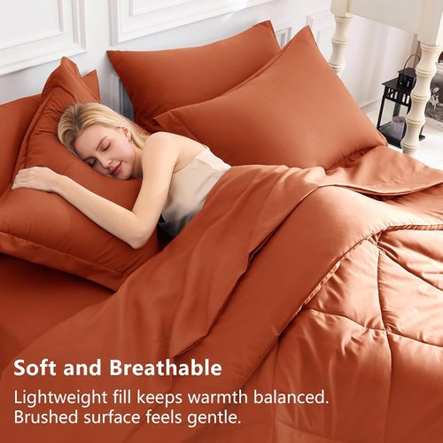 CozyLux Queen Comforter Set - Luxury Soft 7-Piece Bed in a Bag in Burnt Orange | All-Season Bedding with Down Alternative Comforter, Sheets & Pillowcases