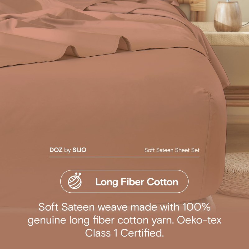 DOZ 100% Long Staple Cotton Sheet Sets, Soft Sateen Weave Cotton, Smooth, Breathable, Cooling Sheets, Hotel Comfort, Durable, 4pc – 2 Pillowcases 1 Fitted 1 Flat (Clay, Queen)
