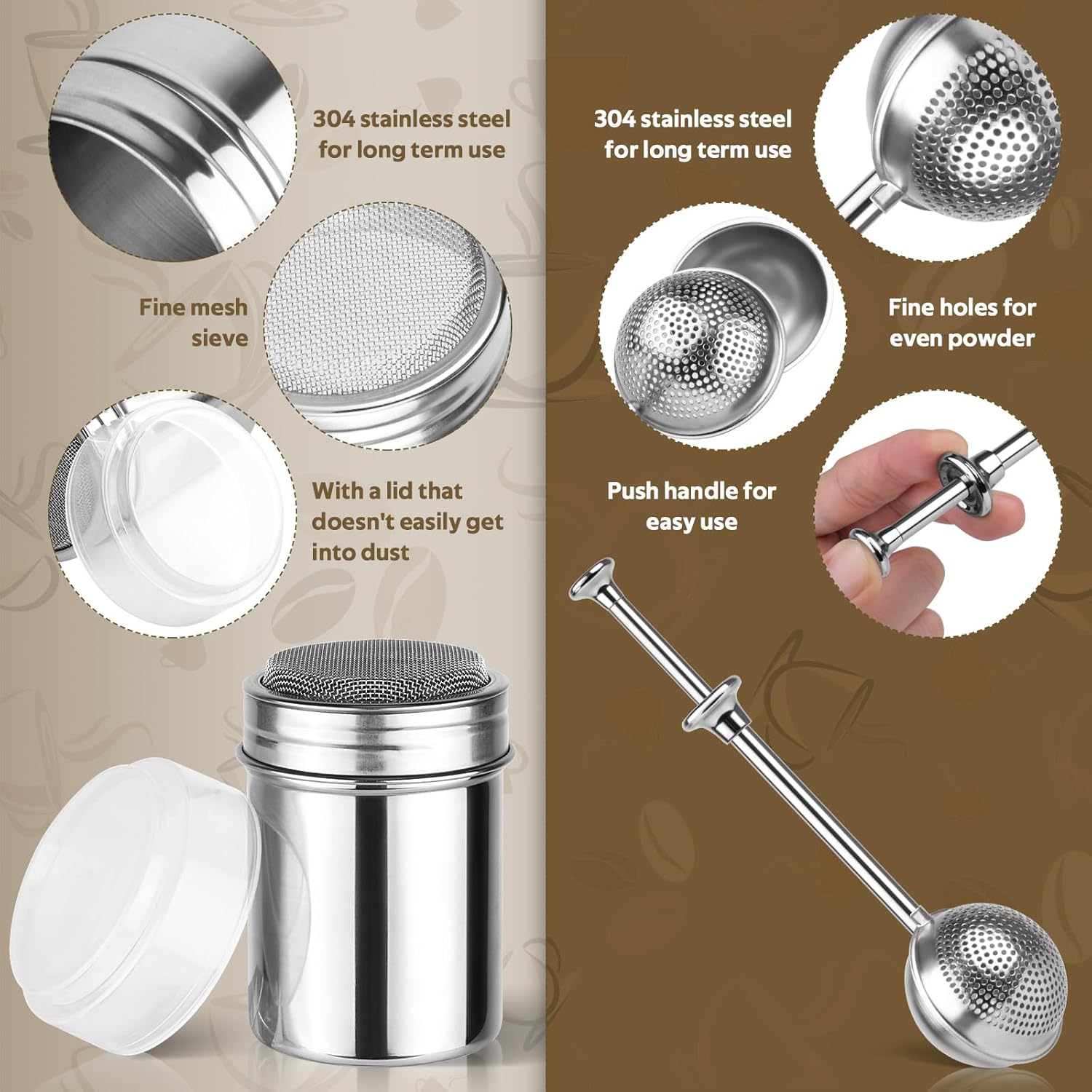 Skiennix Powdered Sugar Shaker Set - Stainless Steel Duster with 16 Coffee Stencils for Baking & Coffee