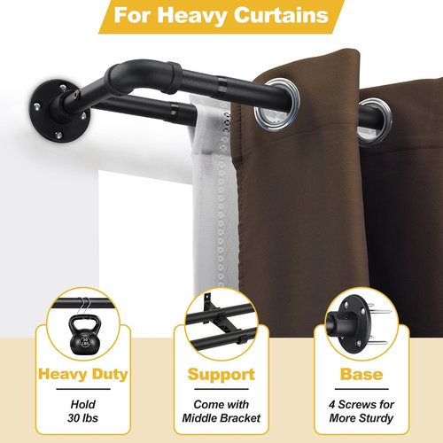 Double Curtain Rods for Windows 28 to 132 Inch Industrial 1 Inch Heavy Duty Dual Black Curtain Rods Set Adjustable Blackout Telescoping Double Wrap Around Curtain Rods for Indoor and Outdoor