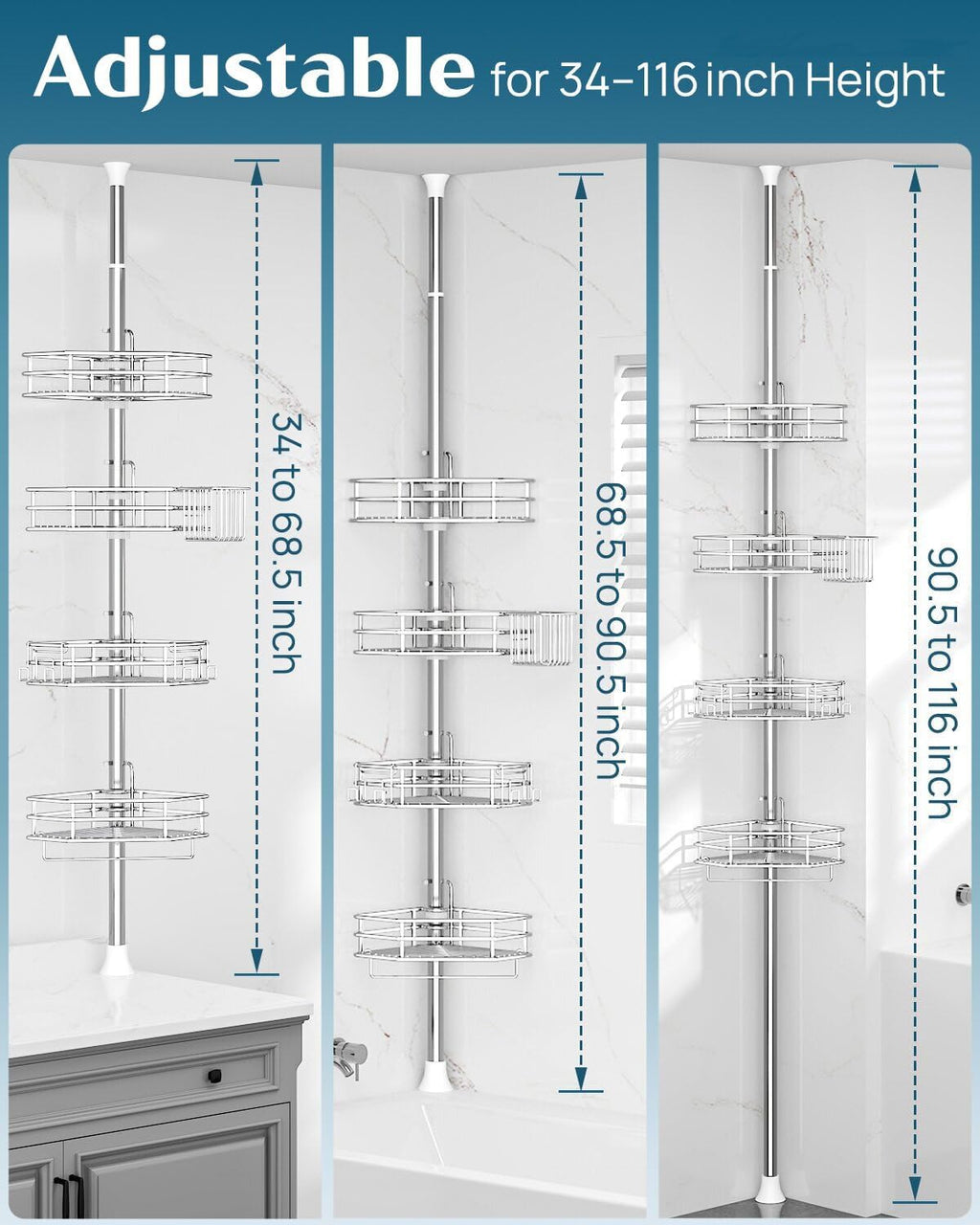 SEIRIONE Corner Shower Caddy - Rust-Free Tension Pole Organizer | 4-Tier Adjustable Shelf, Fits 34-116 Inch Height, Quick Setup, Silver