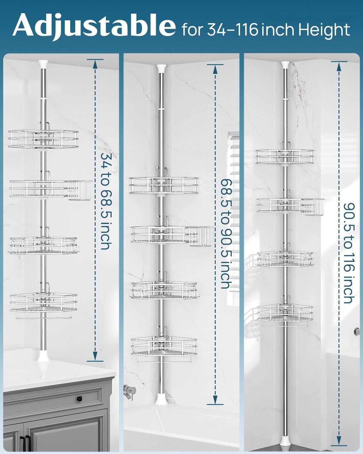SEIRIONE Corner Shower Caddy - Rust-Free Tension Pole Organizer | 4-Tier Adjustable Shelf, Fits 34-116 Inch Height, Quick Setup, Silver