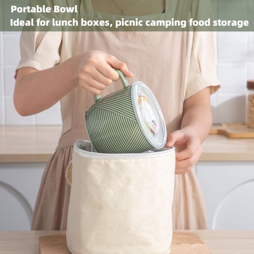 Adewnest Ceramic Soup Bowls with Lid & Handle: 32 oz Microwave Safe Food Containers for Ramen Noodles Cereal Leftovers - Extra Large Mugs for Breakfast Lunch Picnic Camping - Green, Set of 4