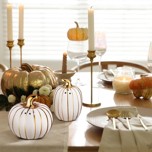 RimCereal 2 Pcs Fall Pumpkin Shaped Salt and Pepper Shakers 3 Inch Ceramic Salt and Pepper Shakers Set for Holiday Home Indoor Kitchen Decorations(White and Gold)