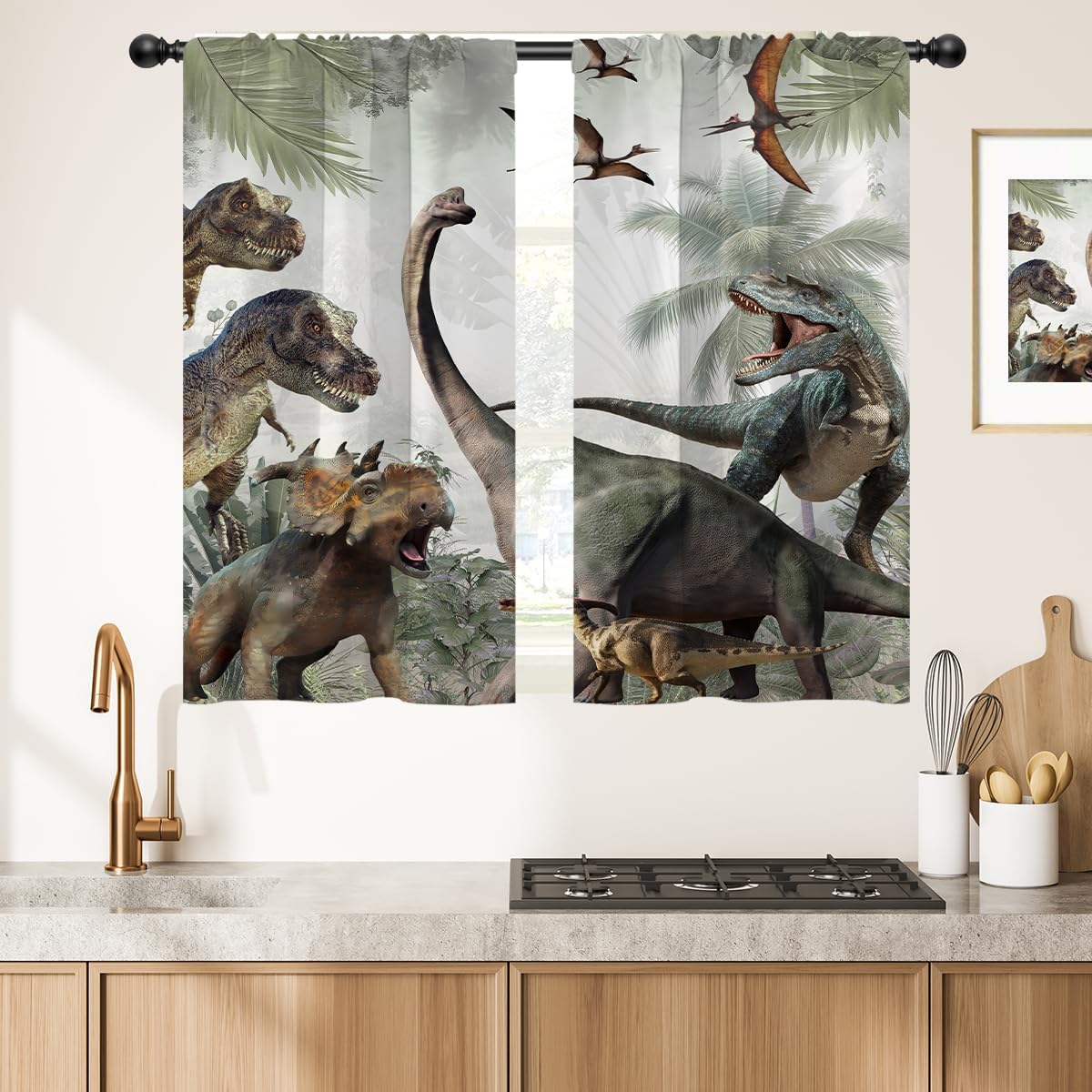 EOVDSFW Dinosaur Kitchen Window Curtains Rod Pocket Small Short Cafe Jurassic Dino for Boys Kids Animals Nature Wild Forest Cute Drapes Room Drapes 2 Panels for Living Bedroom Home Decor 27.5X39 inch