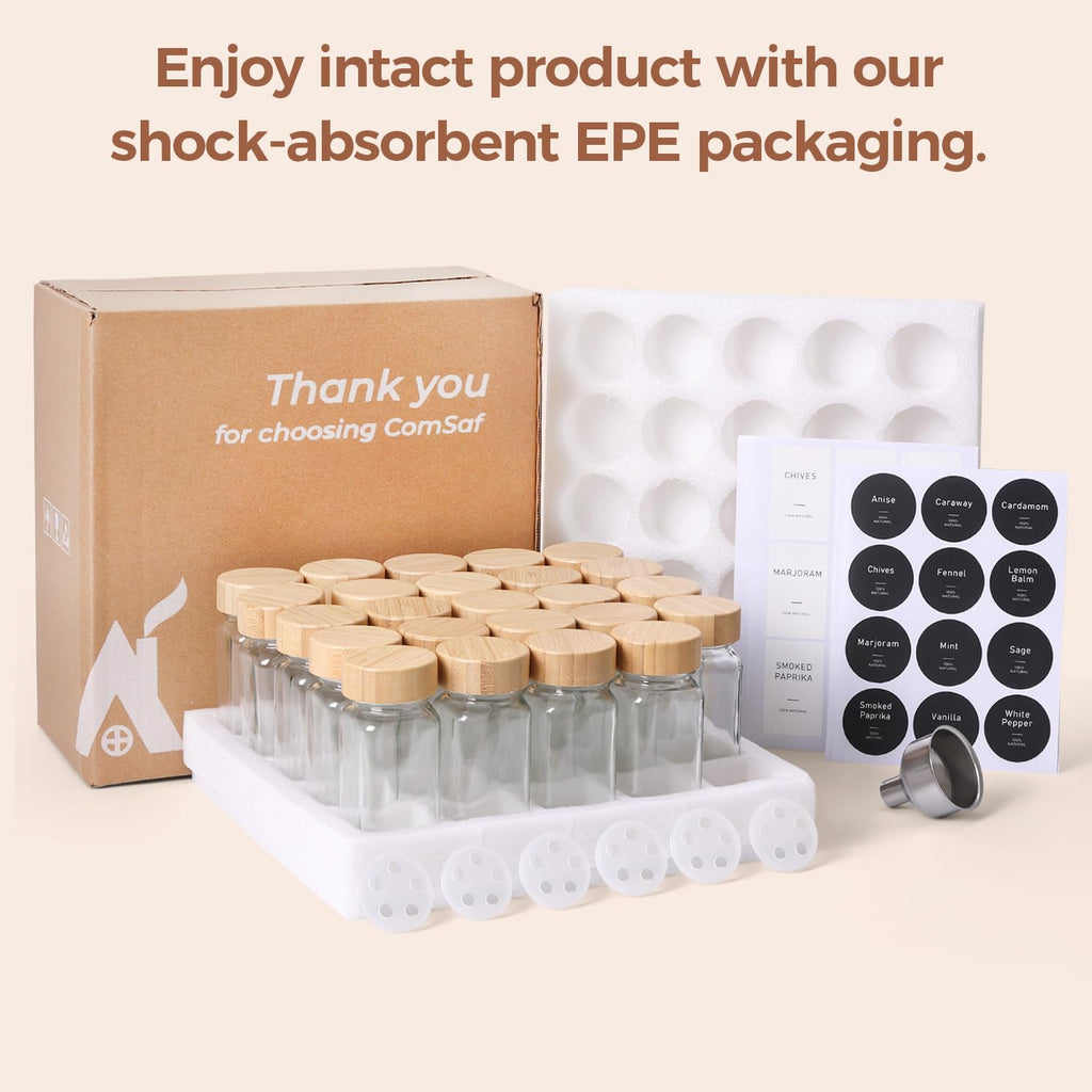 ComSaf Spice Jars with Label 4 oz 24Pcs, Glass Spice Jars with 6 Extra Shaker Inserts and 93 Labels, Seasoning Set with Bamboo Lids and Metal Funnel, Square Containers for Organization, Salt, Pepper