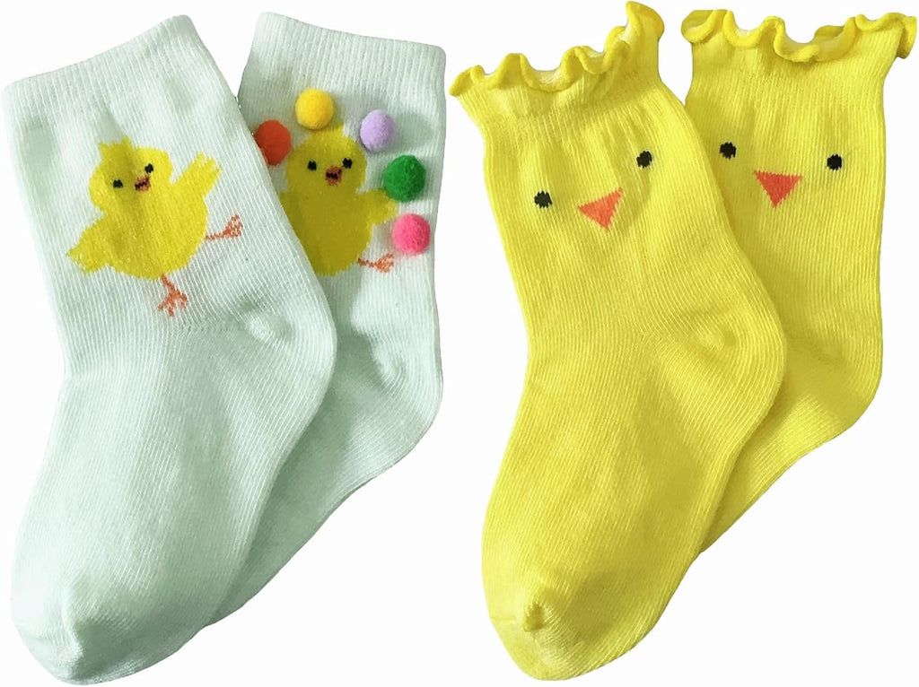 Skiennix Girls' Cozy Cotton Crew Socks - Fun Ruffle Design in Yellow Chick | Size 3-8 Years