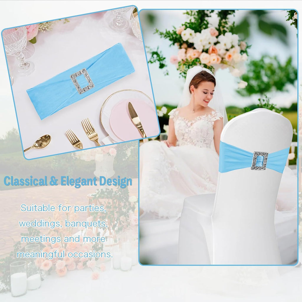 Skiennix Spandex Stretch Chair Sashes - 100 Pack Elastic Covers with Buckle Slider for Weddings & Events | Baby Blue