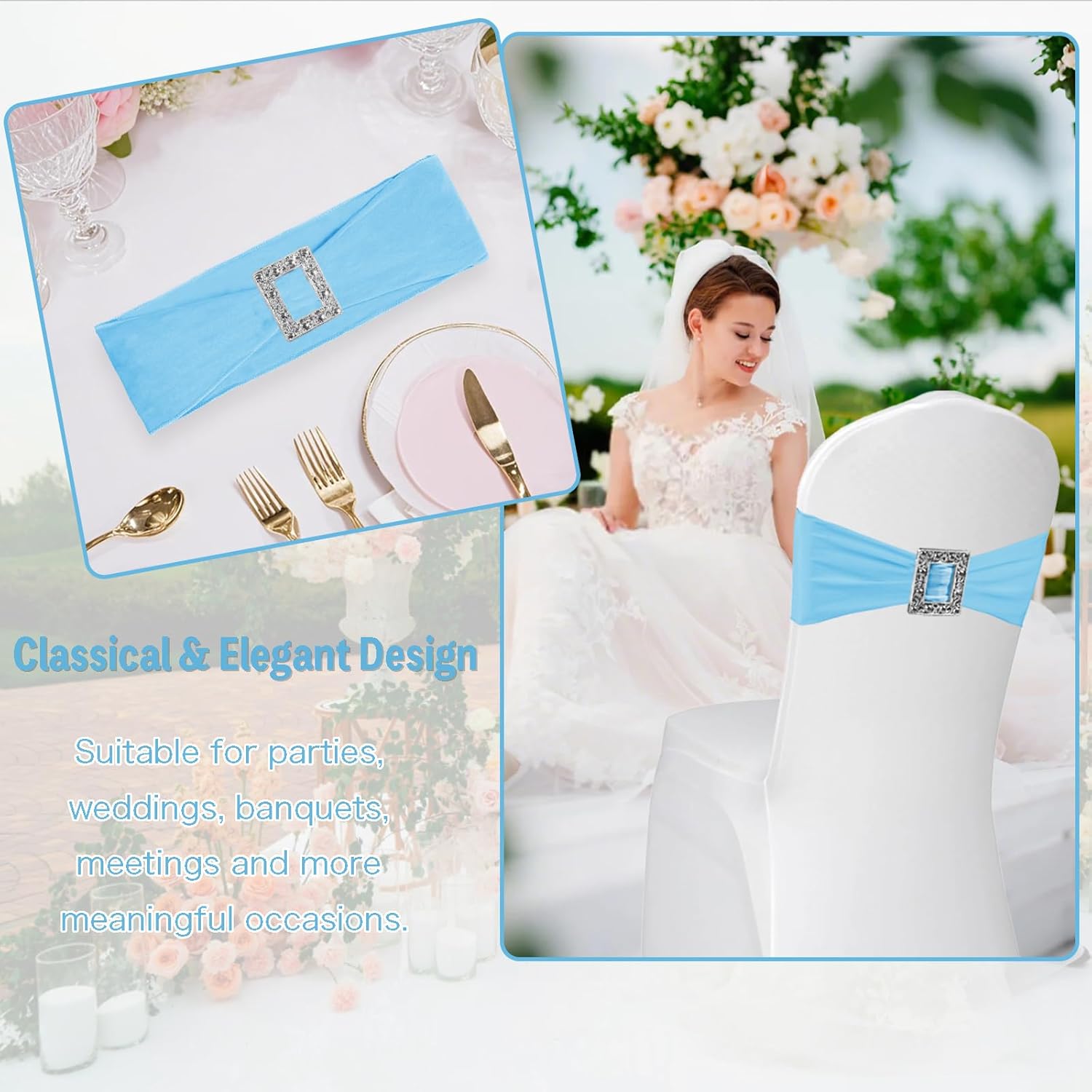 Skiennix Spandex Stretch Chair Sashes - 100 Pack Elastic Covers with Buckle Slider for Weddings & Events | Baby Blue