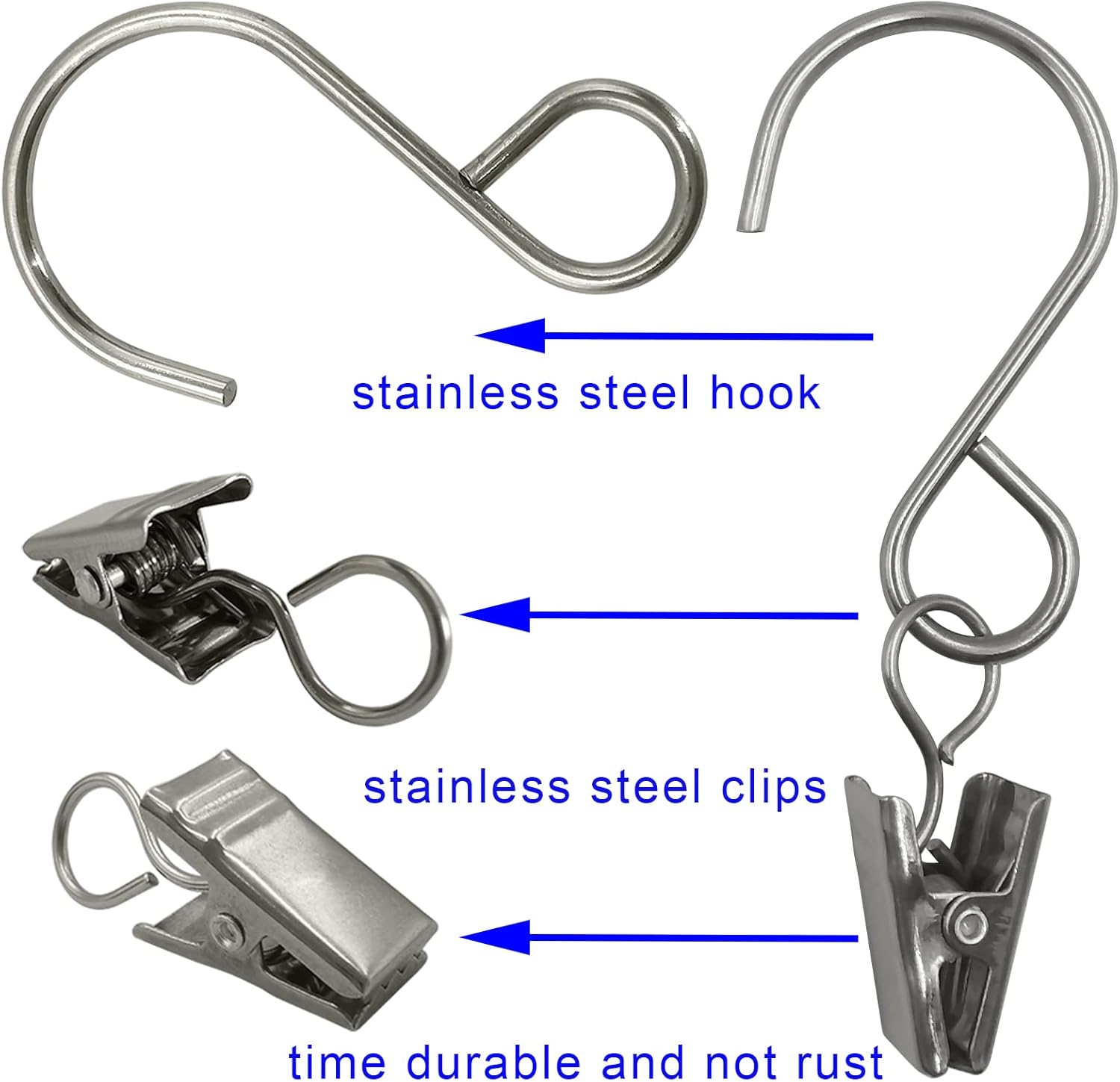 Stainless Steel S Hooks - 50 Pack Curtain Clips for Hanging Lights & Art Displays | 3 Inch, Silver
