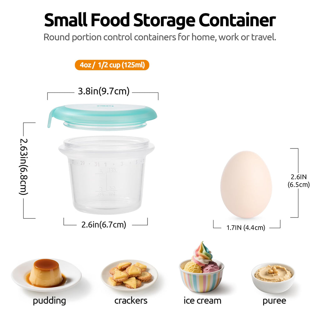 U-Taste 4oz×2 Silicone Food Container Set: Small Kitchen Storage with Airtight Lid, Freezer & Microwave Safe, Snack Box with Date Marking Circle, Clear Stackable for Yogurt, Hummus, Garnish-Aqua Sky