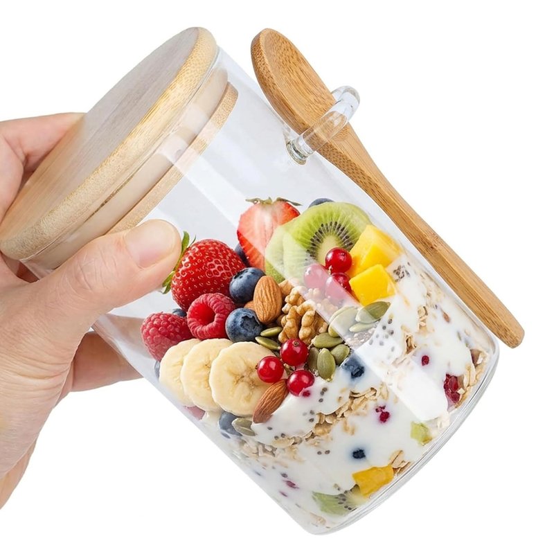 Povinmos Overnight Oats Containers with Lids,17oz Oats Glass Jars Storage Containers, Oatmeal Cups,Meal Prep Containers,Glass Coffee Nuts Canister For Pantry Cereal Sugar Tea Beans(2)