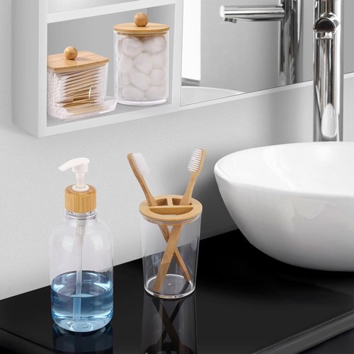 Bamboo Bathroom Accessories Set - 4-Piece Collection with Clear Toothbrush Holder, Soap Dispenser & Qtip Jar