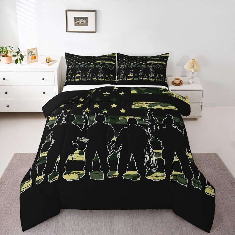 American Flag Comforter Set Twin for Boy Teen ArmyGreen Camouflage Down Comforter Adult Men Soldier Silhouettes Quilted Duvet Military Style Camo Bedding Comforters, 1 Comforter Set + 1 Pillowcase
