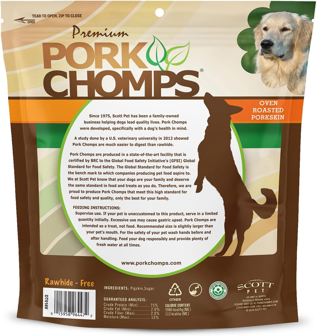 Pork Chomps Roasted Pork Skin Dog Chews - Long-Lasting, High Protein Treats | 6 Inch Rib Shapes, 10 Count