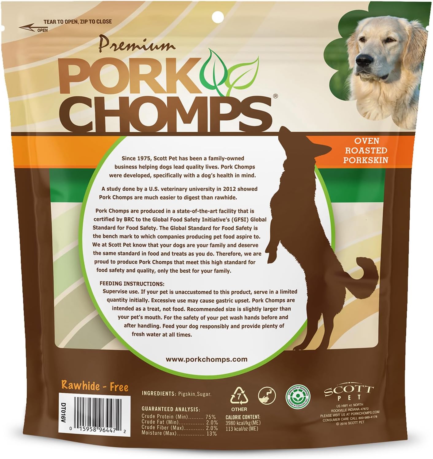 Pork Chomps Roasted Pork Skin Dog Chews - Long-Lasting, High Protein Treats | 6 Inch Rib Shapes, 10 Count