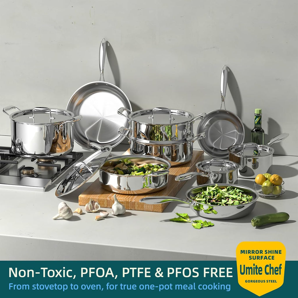 Umite Chef Stainless Steel Cookware Set - 14-Piece 5-Ply Induction Pot and Pan Set | Heavy-Duty, Oven Safe, PFOA-Free